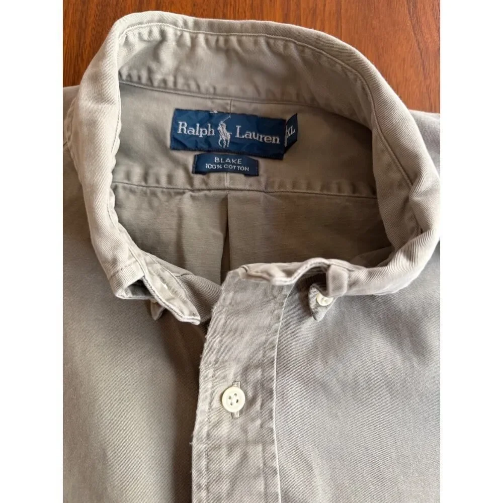 Vintage 90s Ralph Lauren Blake Heavy Cotton Twill Button Down Shirt Khaki XL